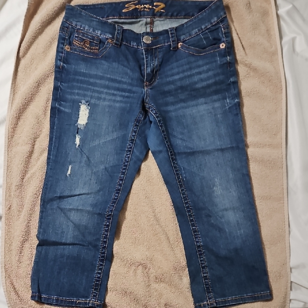 Seven7 Women's Distressed Cropped Jeans - Dark Blue
